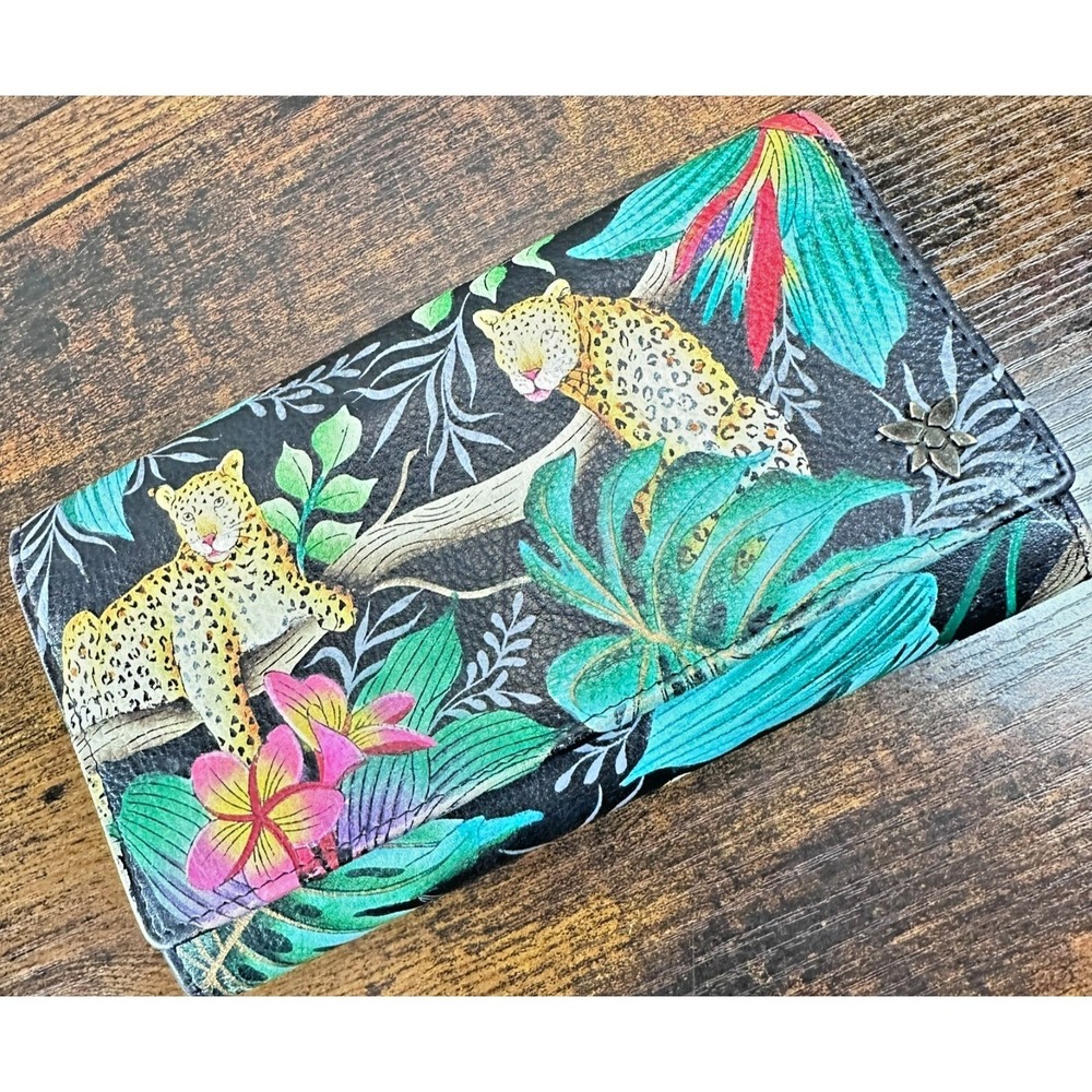 Anuschka Hand Painted Leather‎ Trifold Wallet Black Tropical Leopard Floral RFID